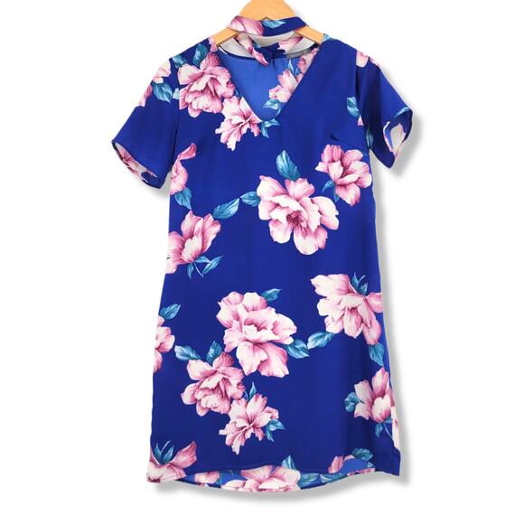 Soprano Women's Floral Choker Neck Shift Dress Blue‎ Size Medium - Picture 1 of 10